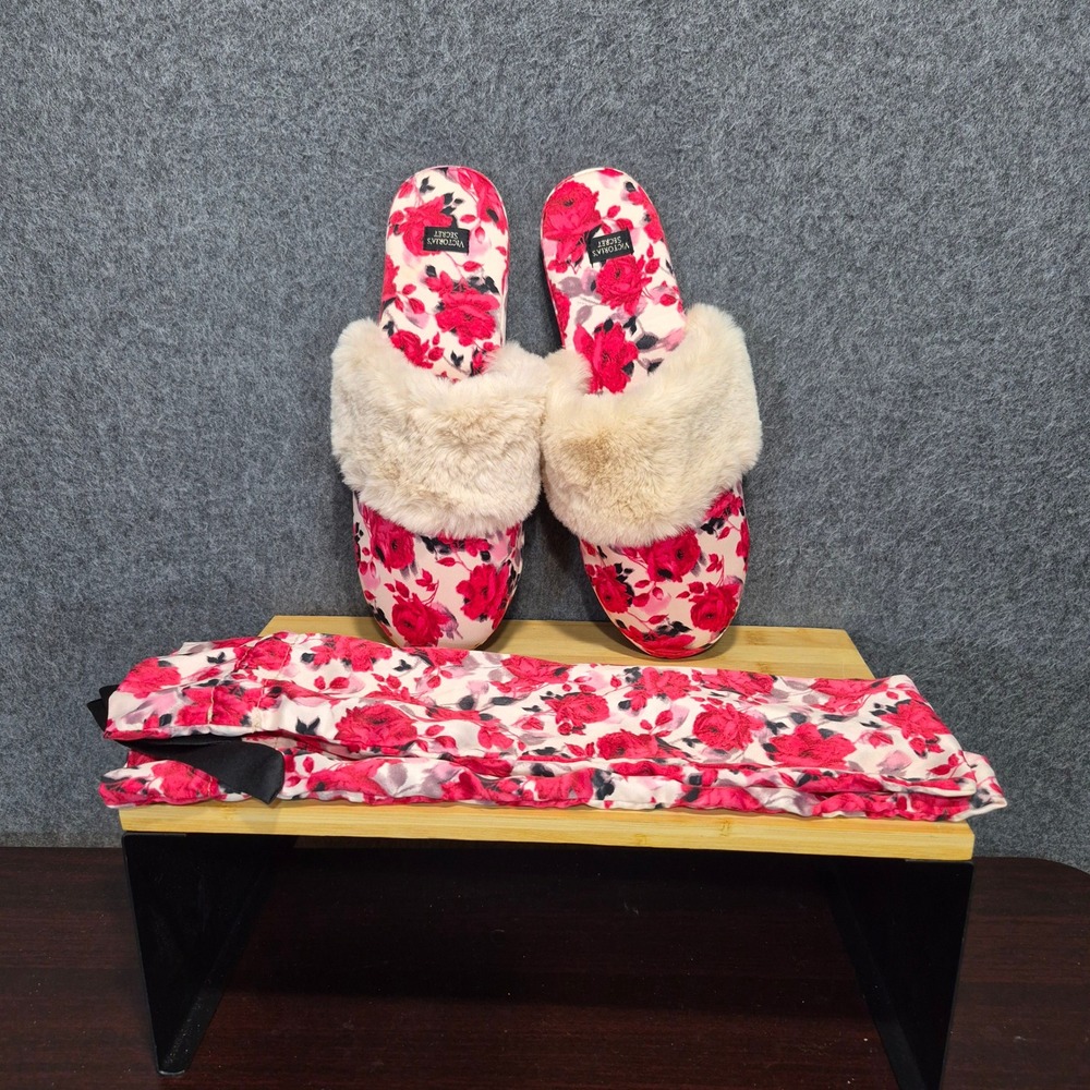 NWOT Victoria's Secret Floral Satin Faux Fur M (7/8) Slippers With Matching Bag